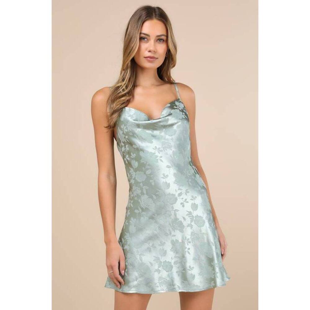 Lulus Close To Your Heart Sage Green Satin Jacquard Cowl Slip Dress - Size XS